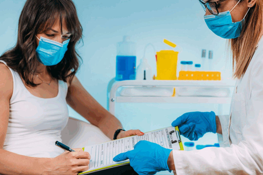 Nursing holding out a form for a patient to sign.